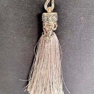 Long shiny gray silk tassel pendant with beautiful rhinestoned metal cap & chain